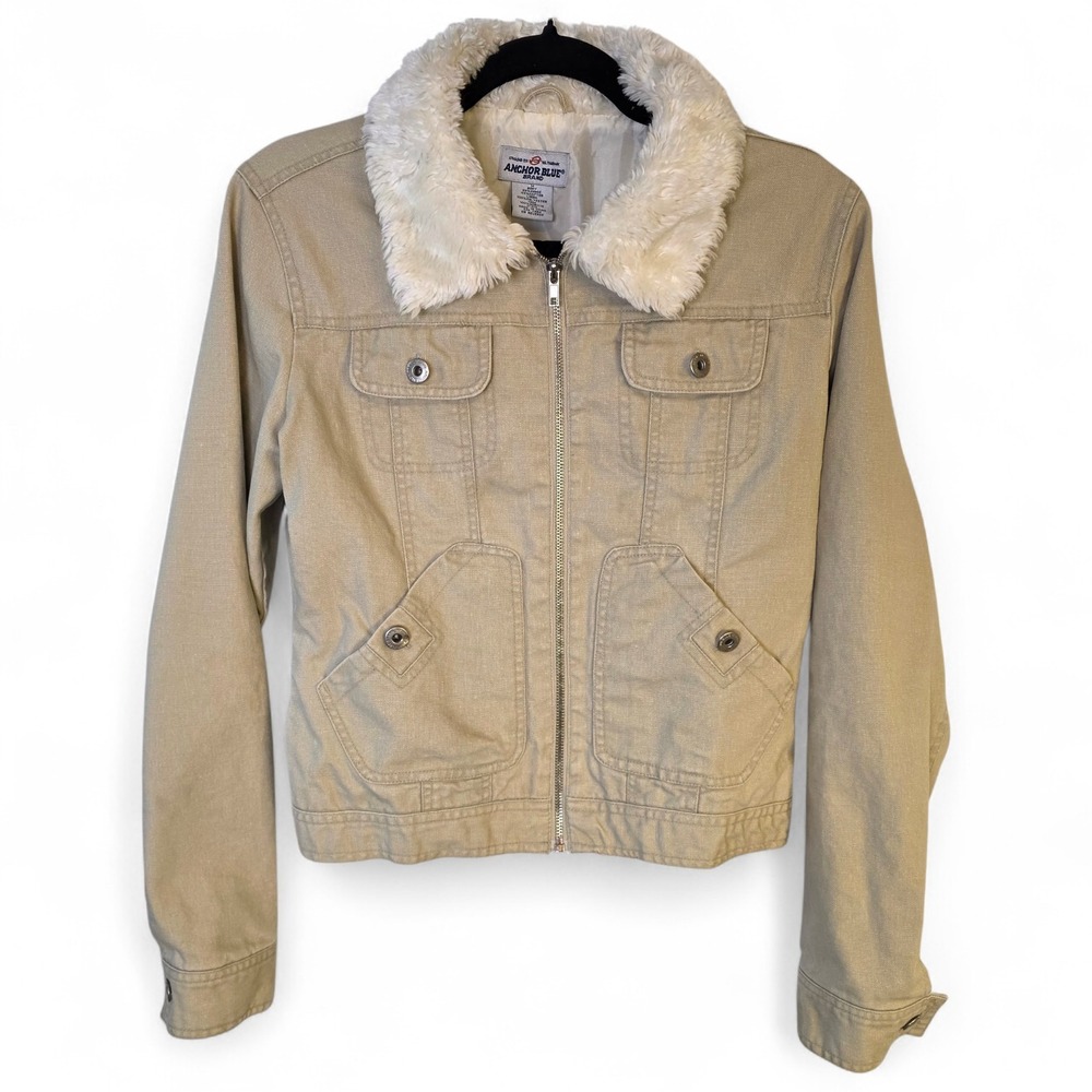 Vintage Anchor Blue Faux Fur Collar Canvas Jacket M Satin Lined Cropped Y2K